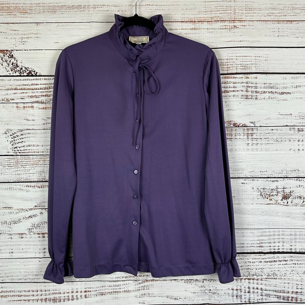 Womens VTG 80s Contemporary Classics Purple Ruffle Tie Neck Button Up Blouse M